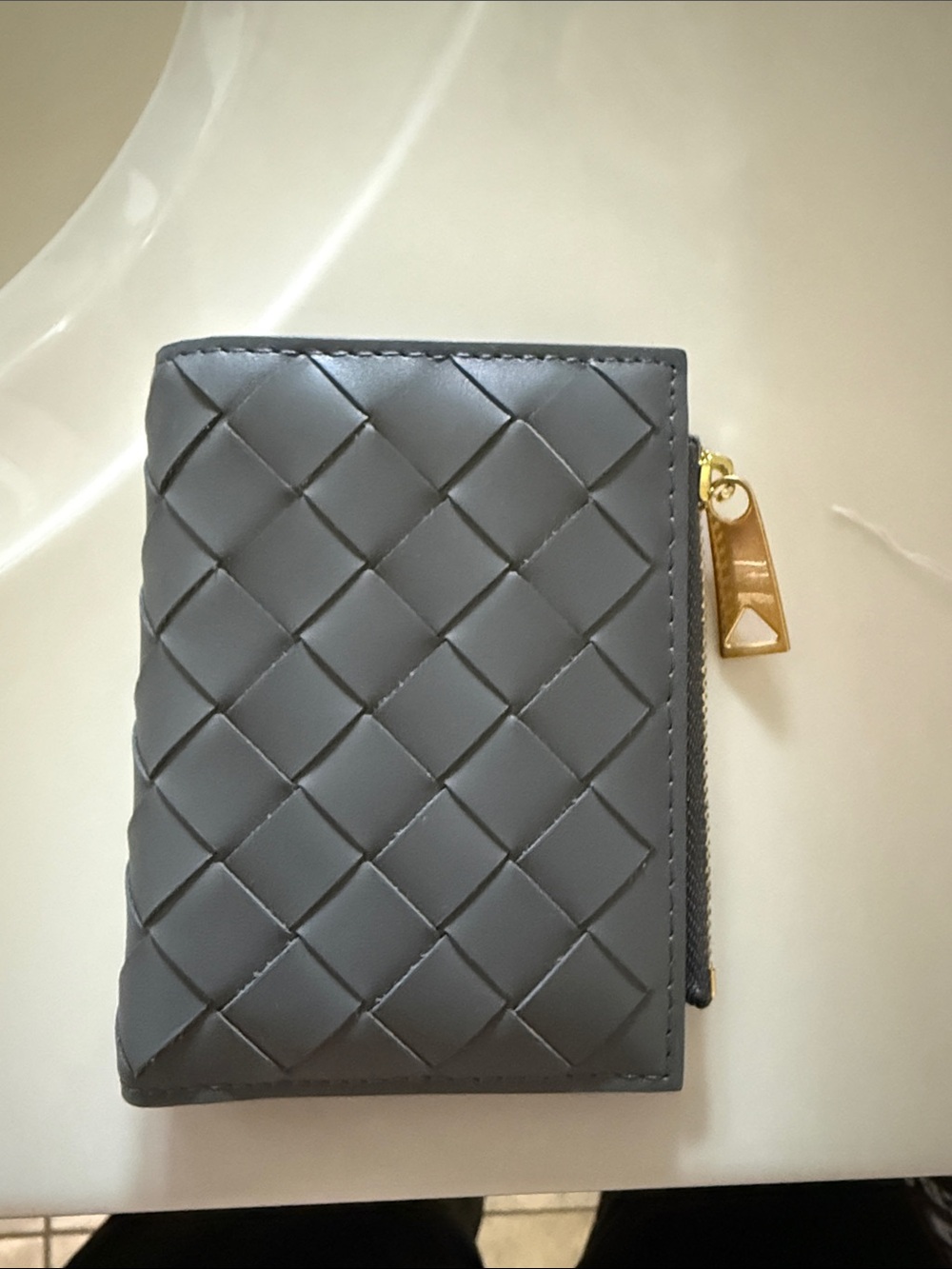 Woven Leather Card Wallet in Slate Gray with Gold Zip Pull